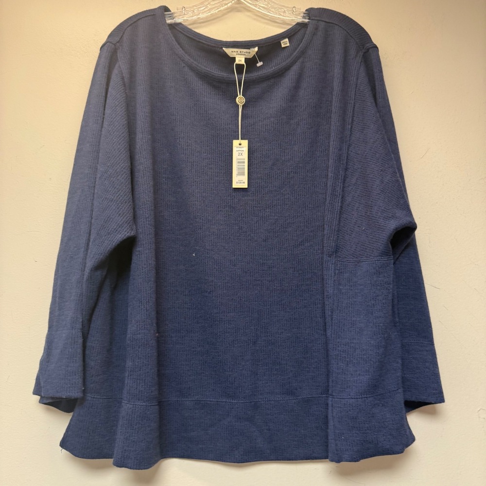 Max Studio London‎ Knit Top Womens 2X Blue NWT Ribbed High-Low 4W08S77